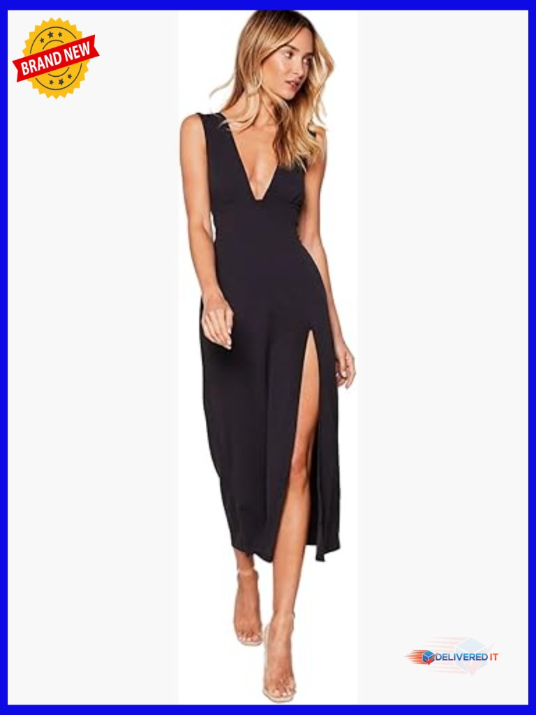 Plunging V-Neck Split Midi Dress Sleeveless Slim Fit Evening Wear